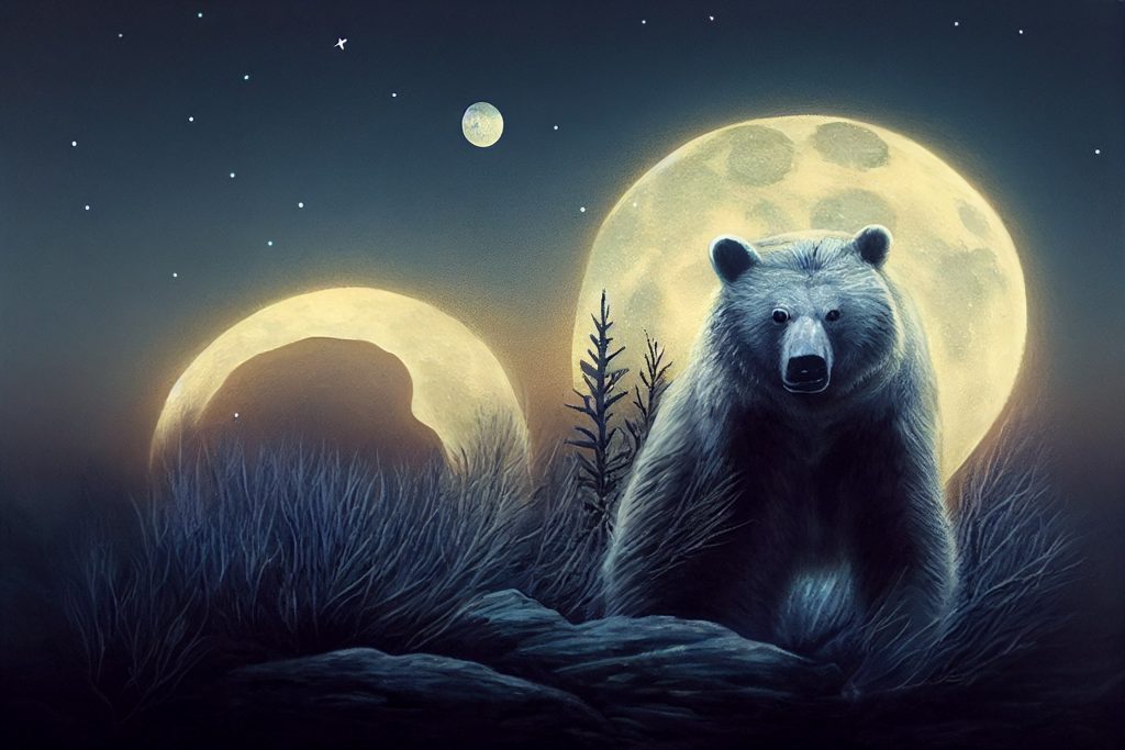 a spirit bear poses before a moon and its reflection in the spirit world